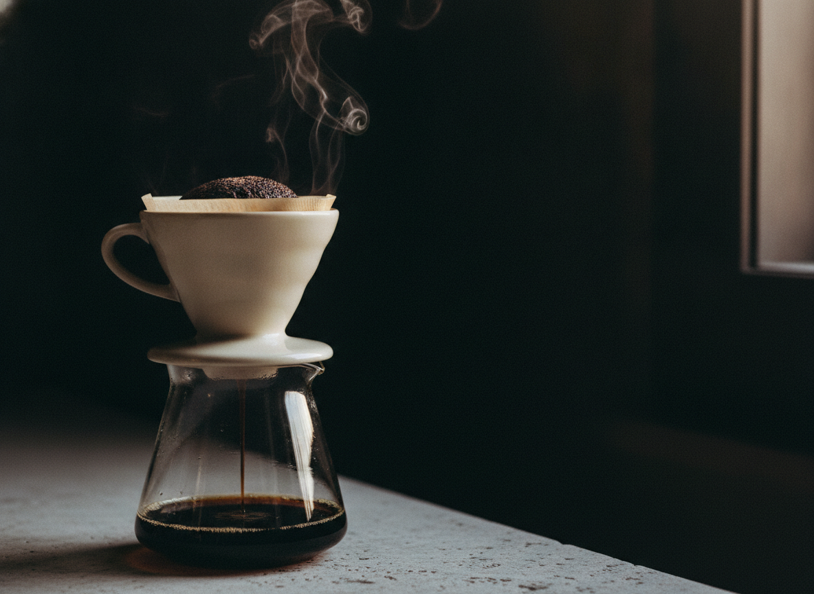 A V60 pour in mid-stream, steam rising into window light, near-monochrome.