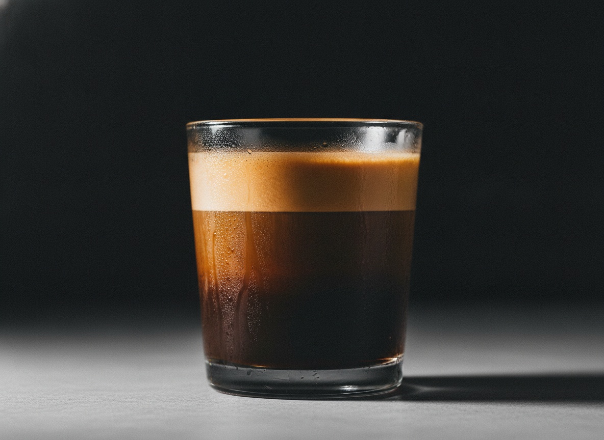 A raf coffee in a glass, warm layers visible through condensation.