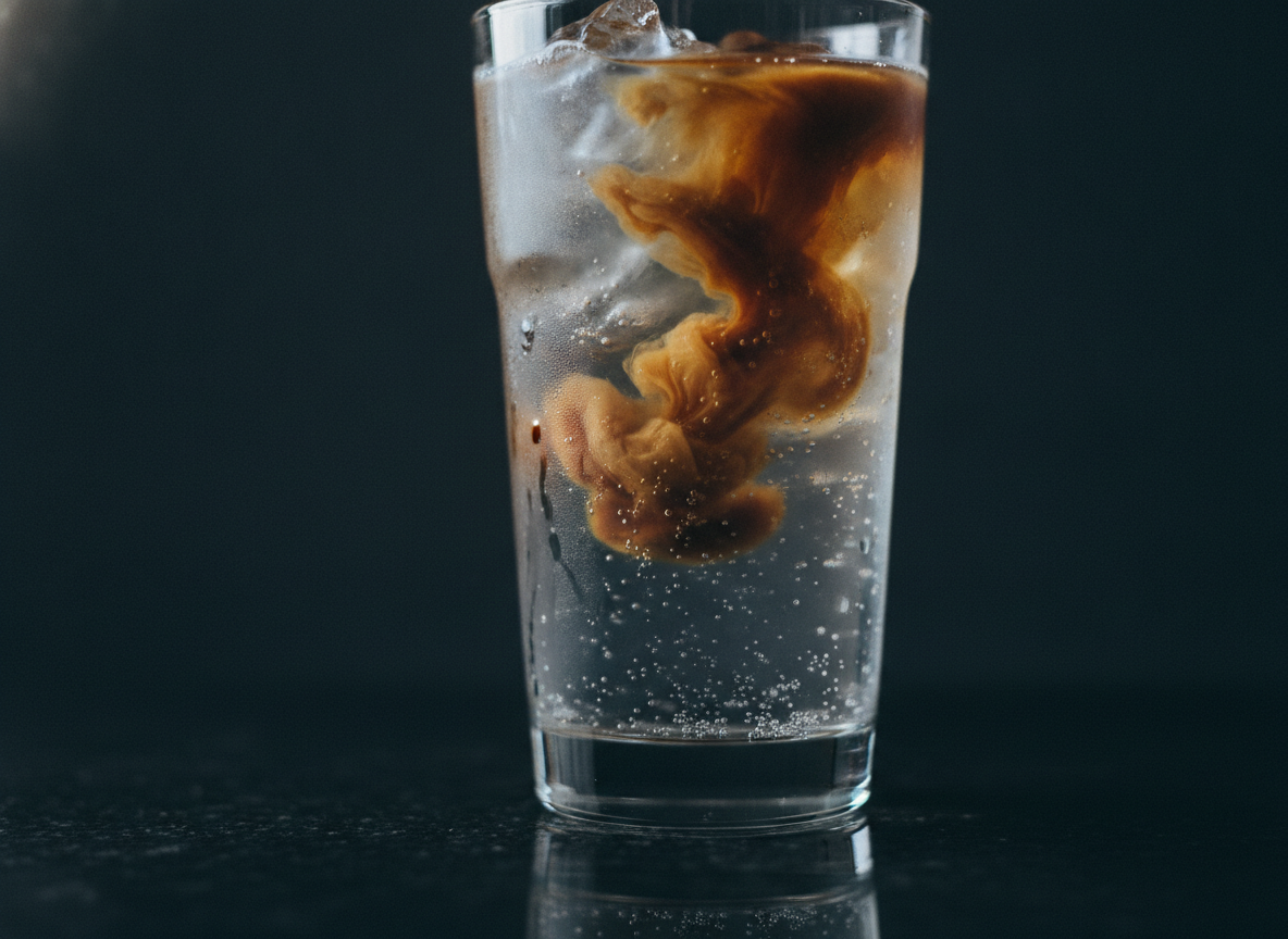 A signature tonic espresso in a tall glass with ice, set against a dark surface.