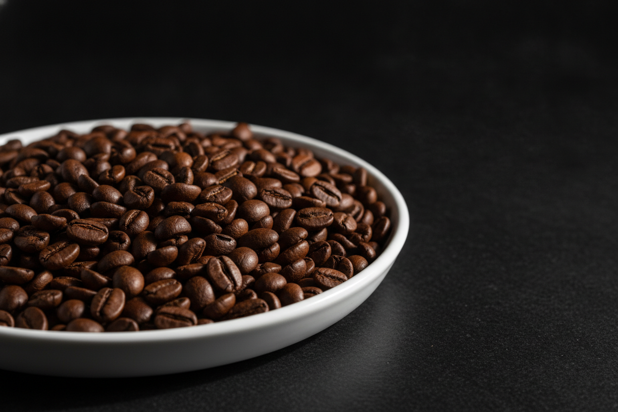 Roasted coffee beans in a ceramic tray under natural side-light, warm amber tones, dark background.