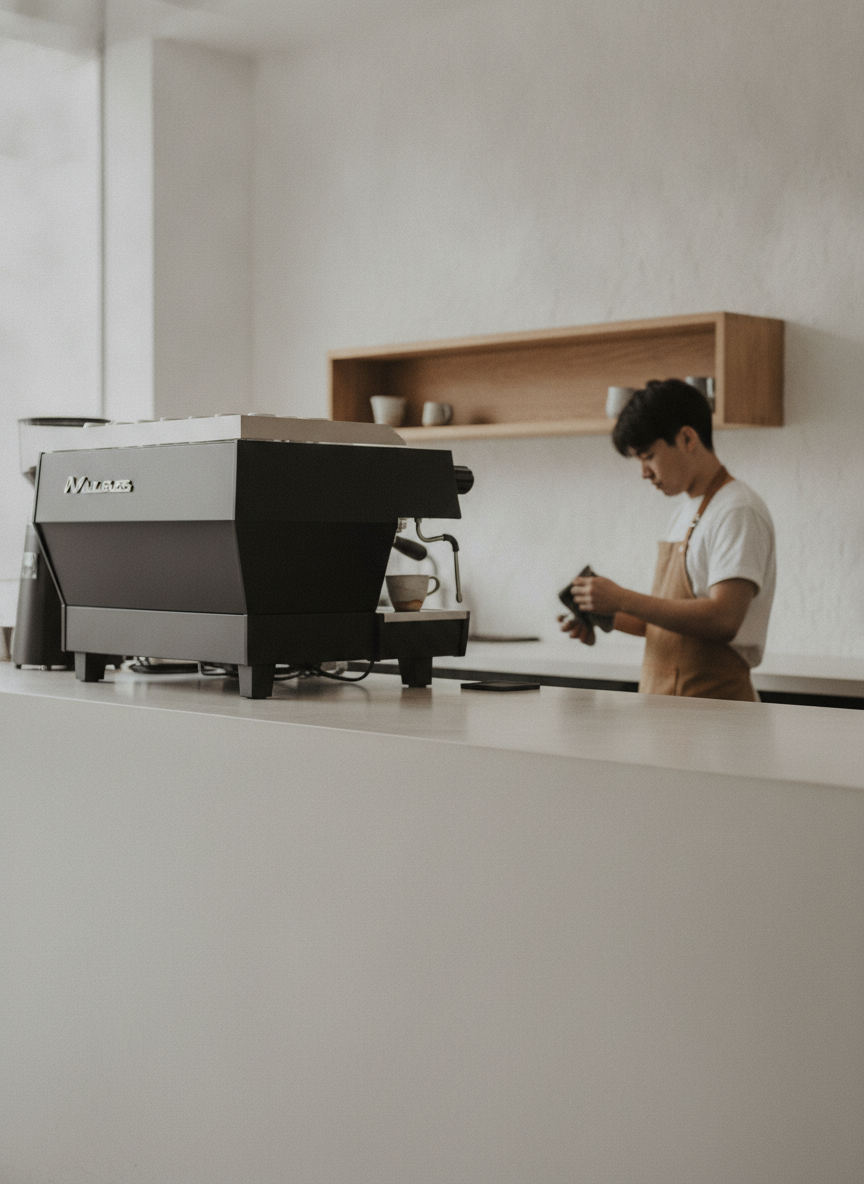 The espresso bar from mid-distance, a barista in soft focus behind clean equipment.