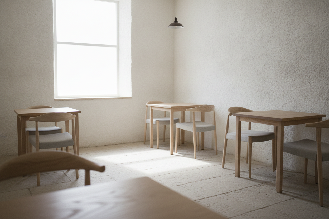 The main seating area of the café, pale surfaces lit by wide window light, warm wood detail visible.