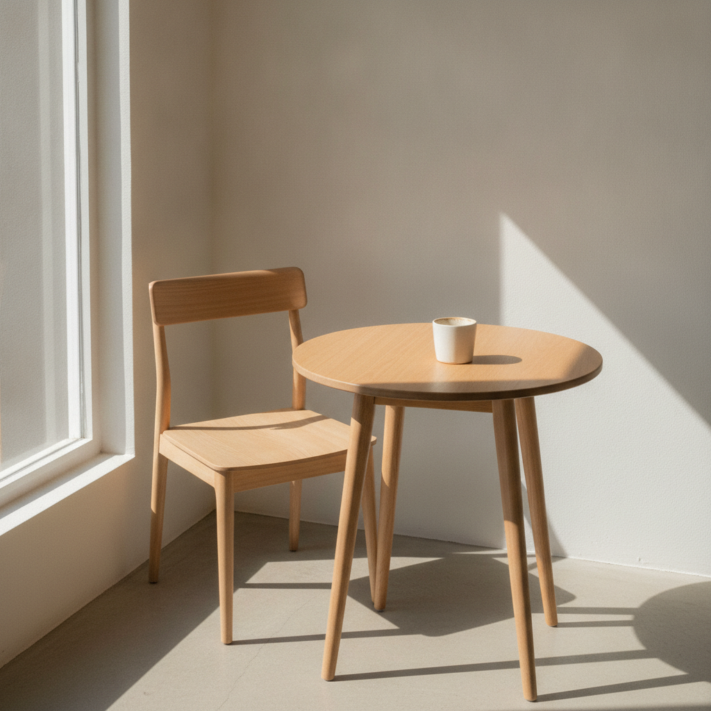 A quiet corner table with a single cup, morning light falling across the surface, no people.