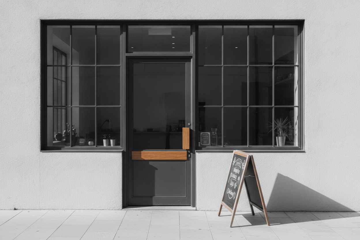 The café interior in morning light — empty tables, cups set out, pale surfaces, no customers yet.